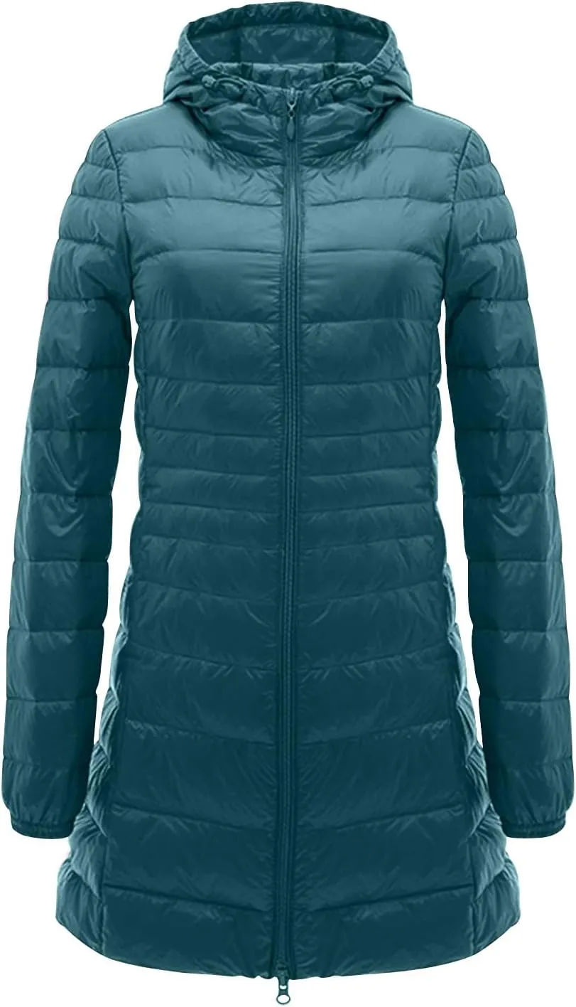 Packable Puffer Jacket Women Lightweight Padded Coats with Hood Long Winter Warm Casual Travel Down Jackets