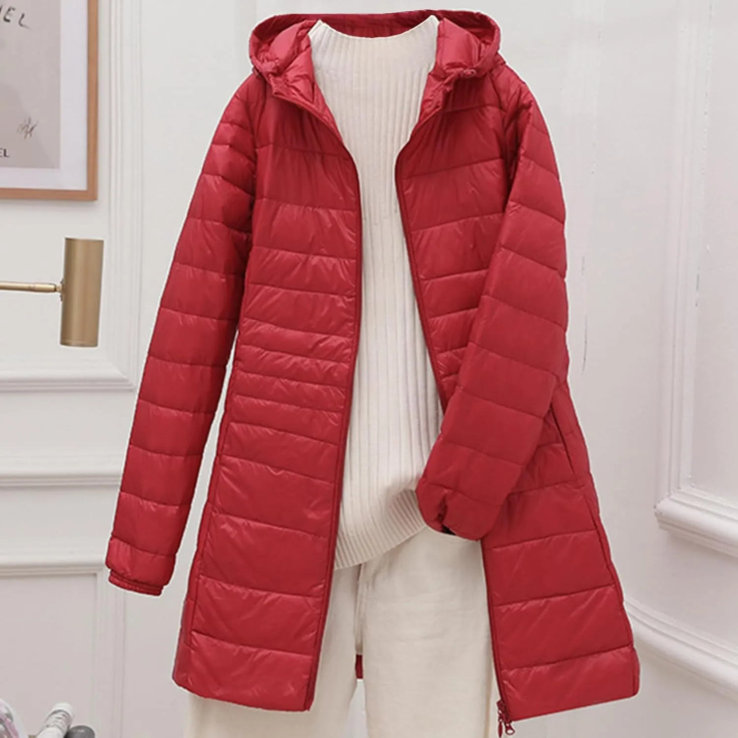 Packable Puffer Jacket Women Lightweight Padded Coats with Hood Long Winter Warm Casual Travel Down Jackets