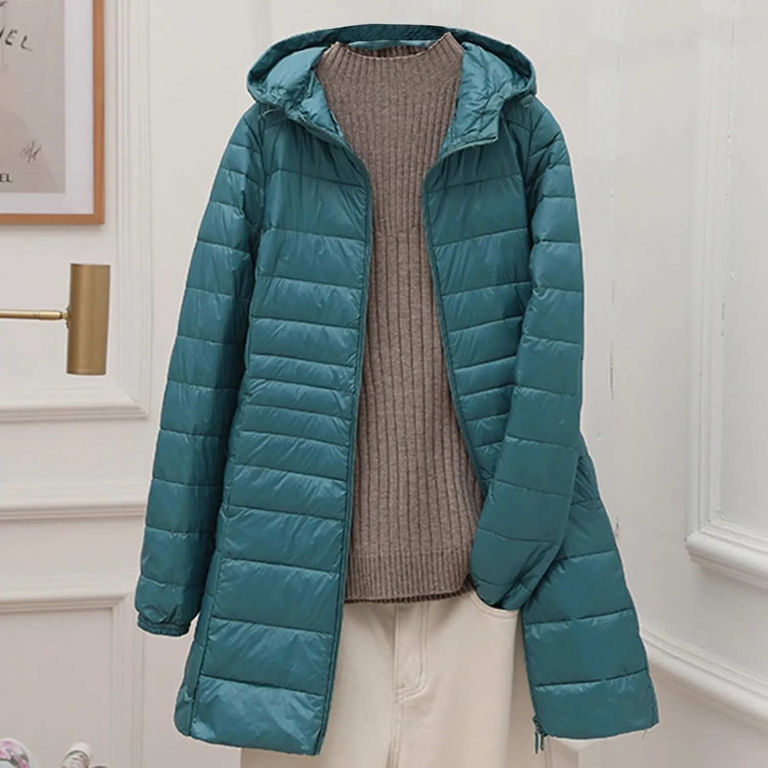 Packable Puffer Jacket Women Lightweight Padded Coats with Hood Long Winter Warm Casual Travel Down Jackets