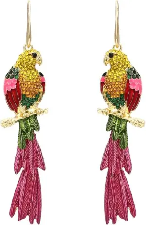 Parrot Earrings for Women, Cute Bird Parrot Tassel Earrings for Womens, Rainbow Parrot Branch Dangle Earrings Hypoallergenic, Sterling Silver, No Gemstone