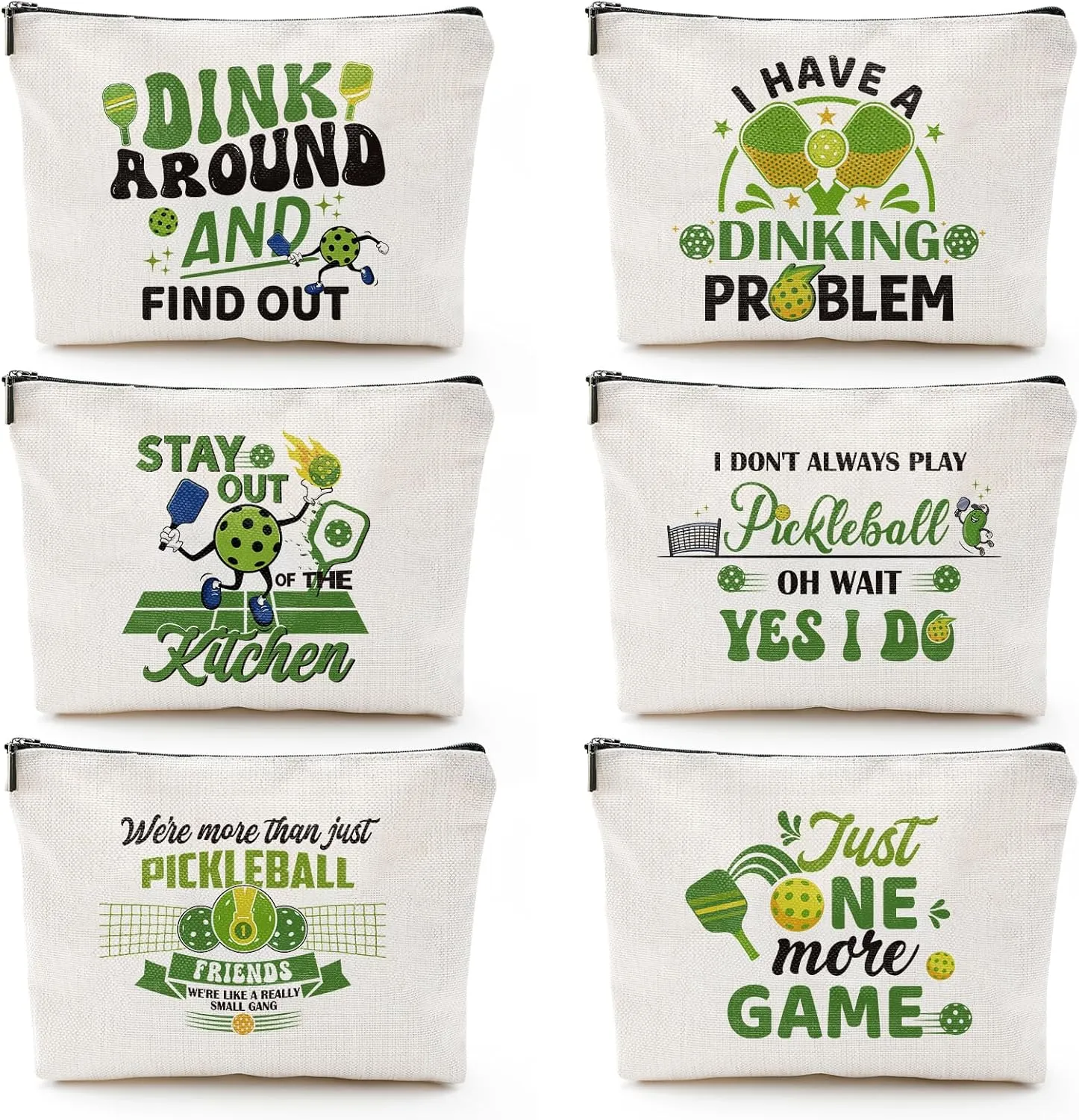 Pickleball Makeup Bags for Women - 6 Pcs Pickleball Gifts for Women, Cosmetic Bag Pickleball Bags for women, Green Pickleball Gifts Accessories for Pickleball Lovers Friends