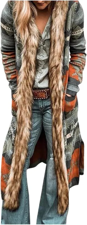 Plus Size Overcoat with Fur Hood Winter Coats for Women Windproof Outerwear Furry Jackets Ethnic Style Trench Coat