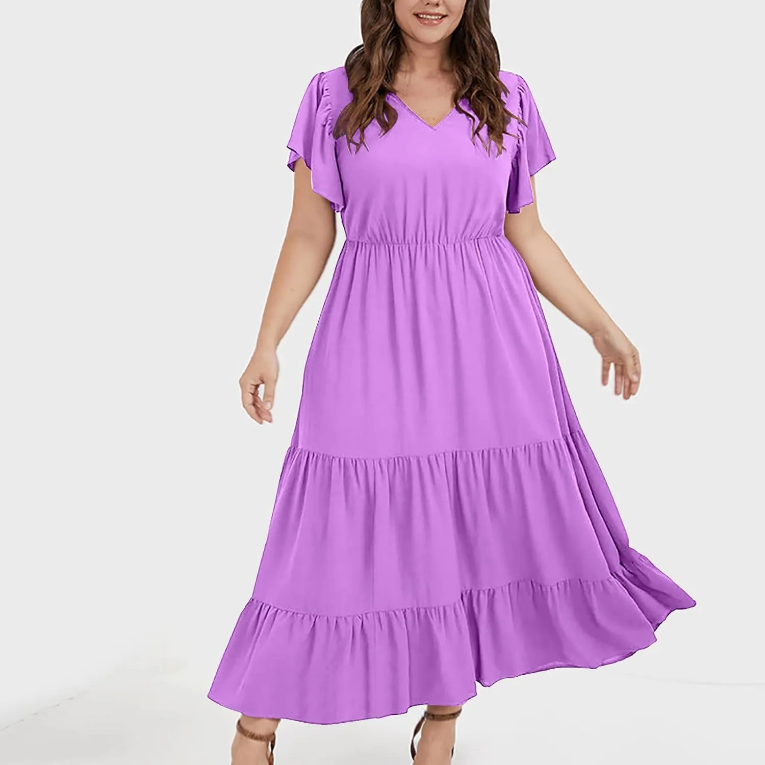 Plus Size Summer Dress for Women, Ruffle Short Sleeve V Neck Swing Dress Flowy Boho Casual A-Line Tiered Midi Dresses