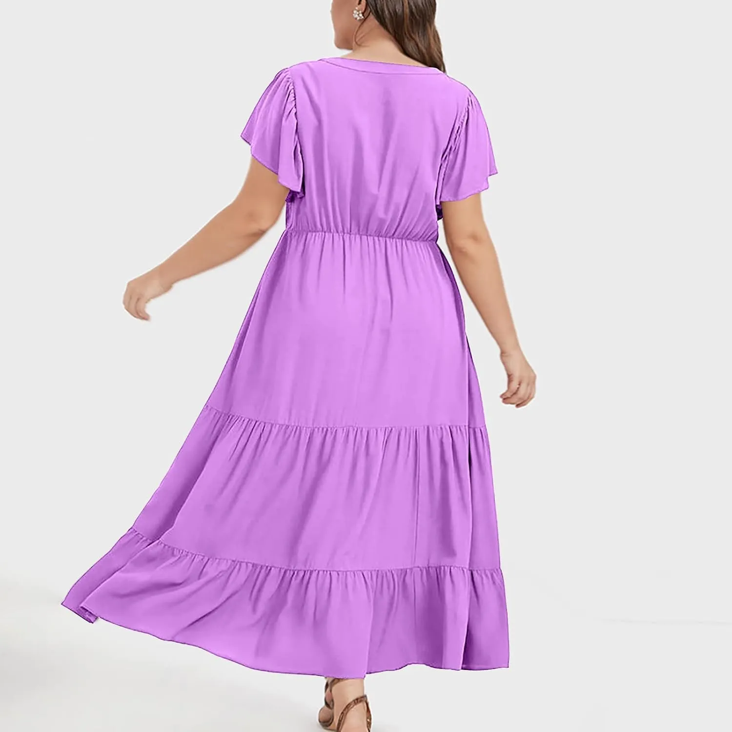 Plus Size Summer Dress for Women, Ruffle Short Sleeve V Neck Swing Dress Flowy Boho Casual A-Line Tiered Midi Dresses