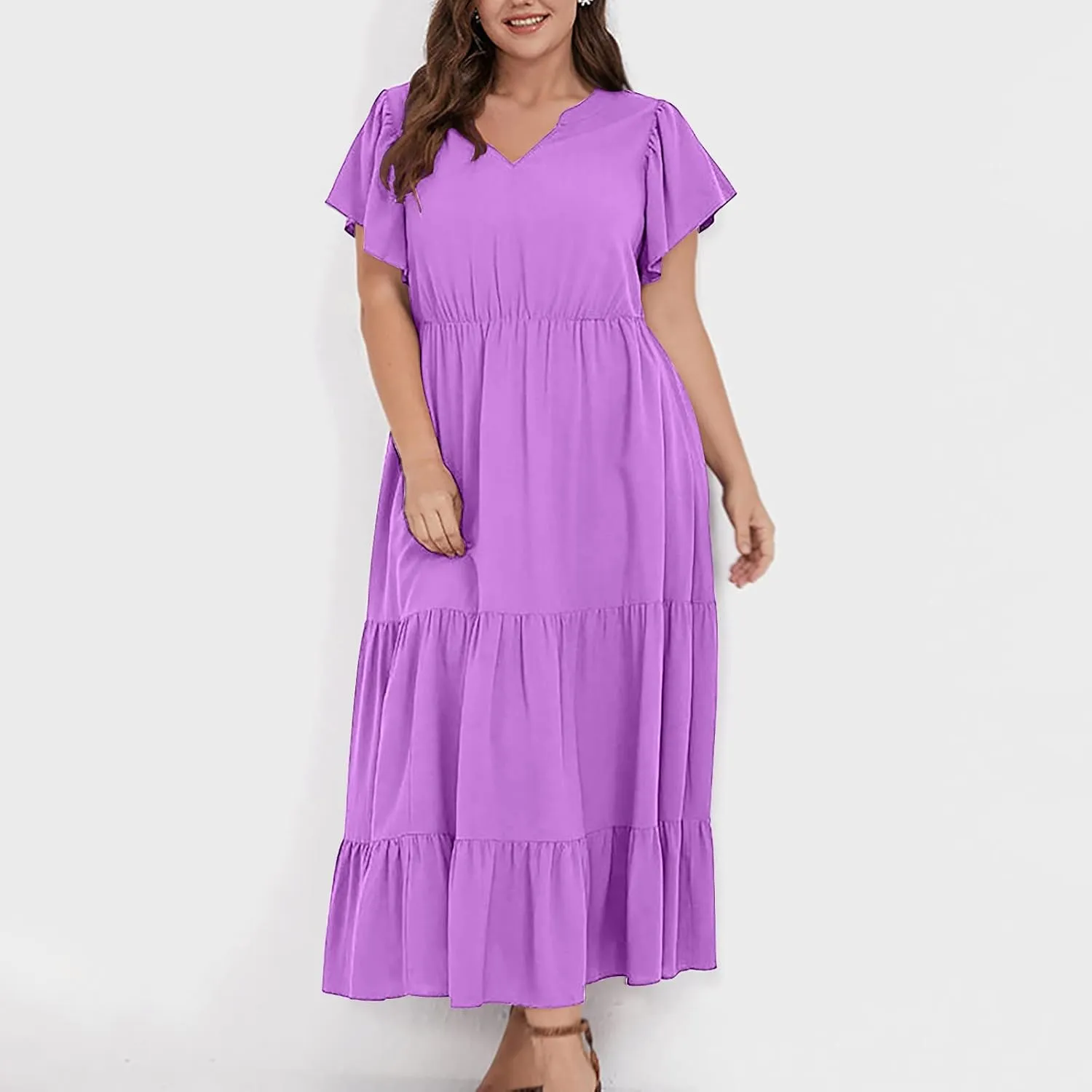 Plus Size Summer Dress for Women, Ruffle Short Sleeve V Neck Swing Dress Flowy Boho Casual A-Line Tiered Midi Dresses