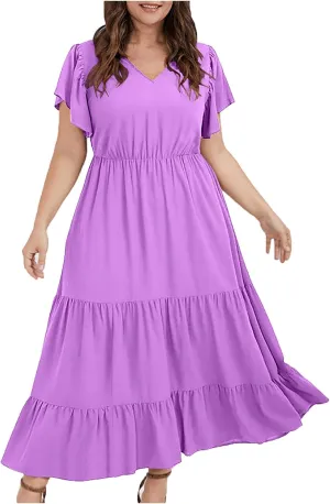 Plus Size Summer Dress for Women, Ruffle Short Sleeve V Neck Swing Dress Flowy Boho Casual A-Line Tiered Midi Dresses