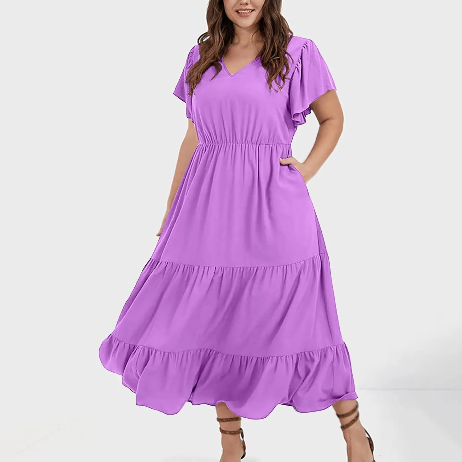 Plus Size Summer Dress for Women, Ruffle Short Sleeve V Neck Swing Dress Flowy Boho Casual A-Line Tiered Midi Dresses