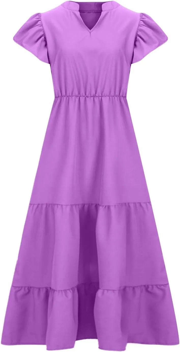 Plus Size Summer Dress for Women, Ruffle Short Sleeve V Neck Swing Dress Flowy Boho Casual A-Line Tiered Midi Dresses