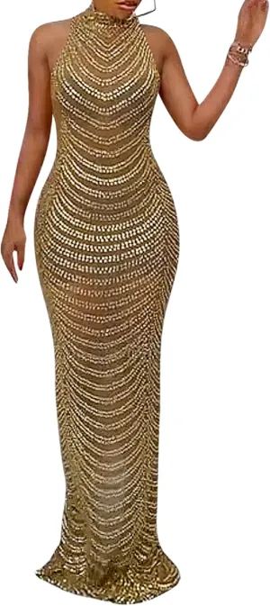 PORRCEY Women's Sexy Elegant Rhinestone Mesh See Through Bodycon Party Club Night Prom Dress