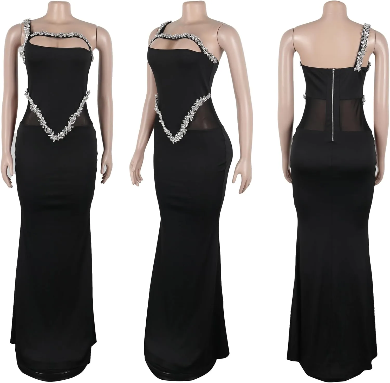 PORRCEY Women's Sexy Elegant Rhinestone Mesh See Through Bodycon Party Club Night Prom Dress
