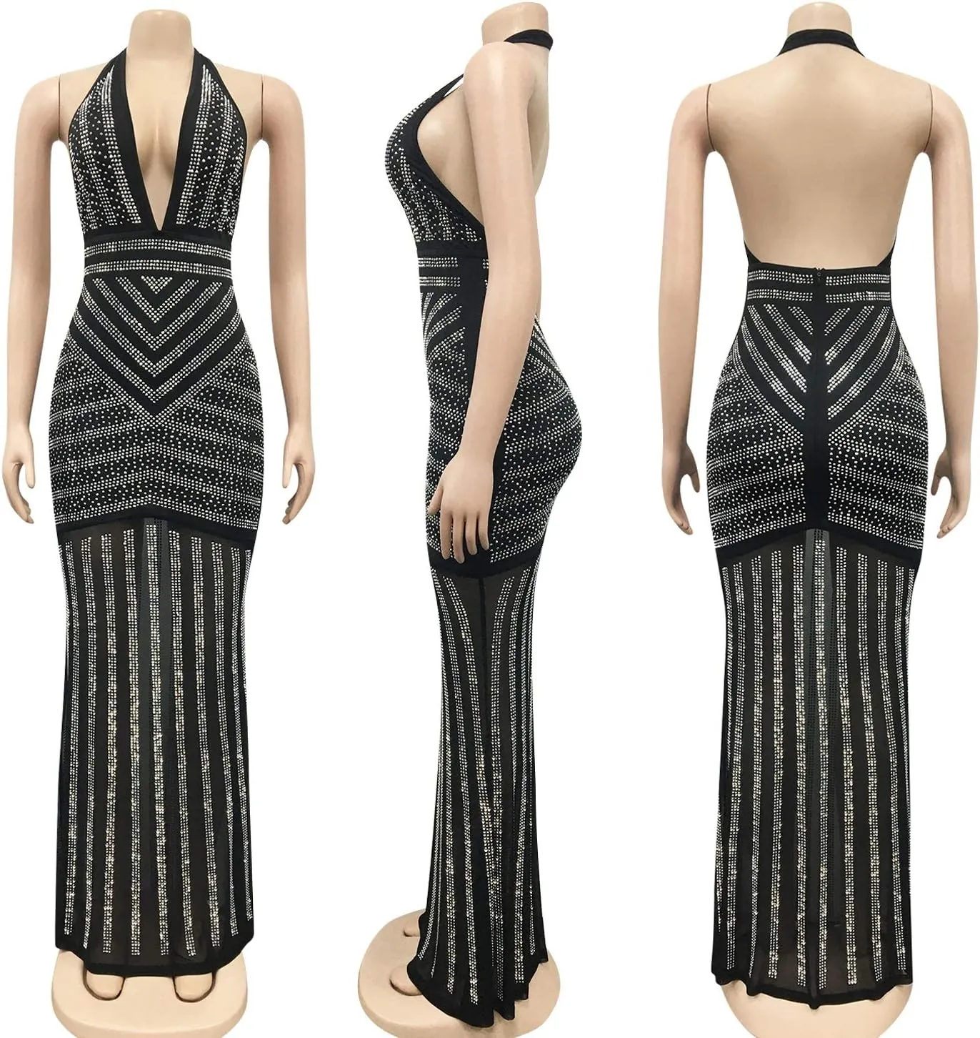 PORRCEY Women's Sexy Elegant Rhinestone Mesh See Through Bodycon Party Club Night Prom Dress