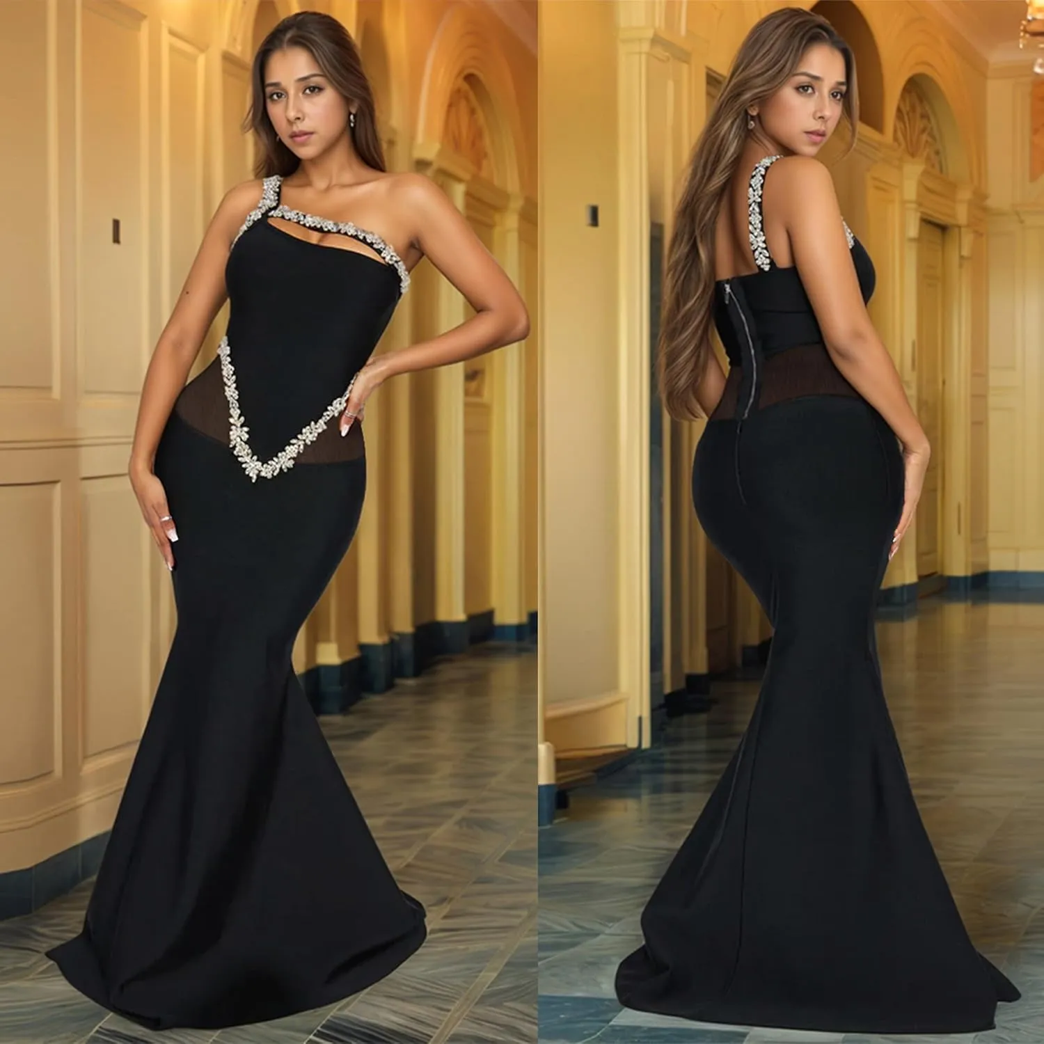 PORRCEY Women's Sexy Elegant Rhinestone Mesh See Through Bodycon Party Club Night Prom Dress