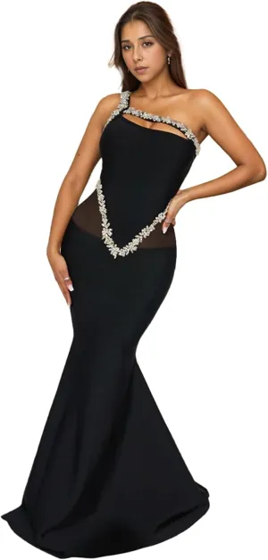 PORRCEY Women's Sexy Elegant Rhinestone Mesh See Through Bodycon Party Club Night Prom Dress