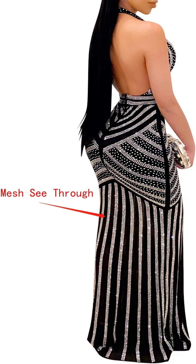 PORRCEY Women's Sexy Elegant Rhinestone Mesh See Through Bodycon Party Club Night Prom Dress