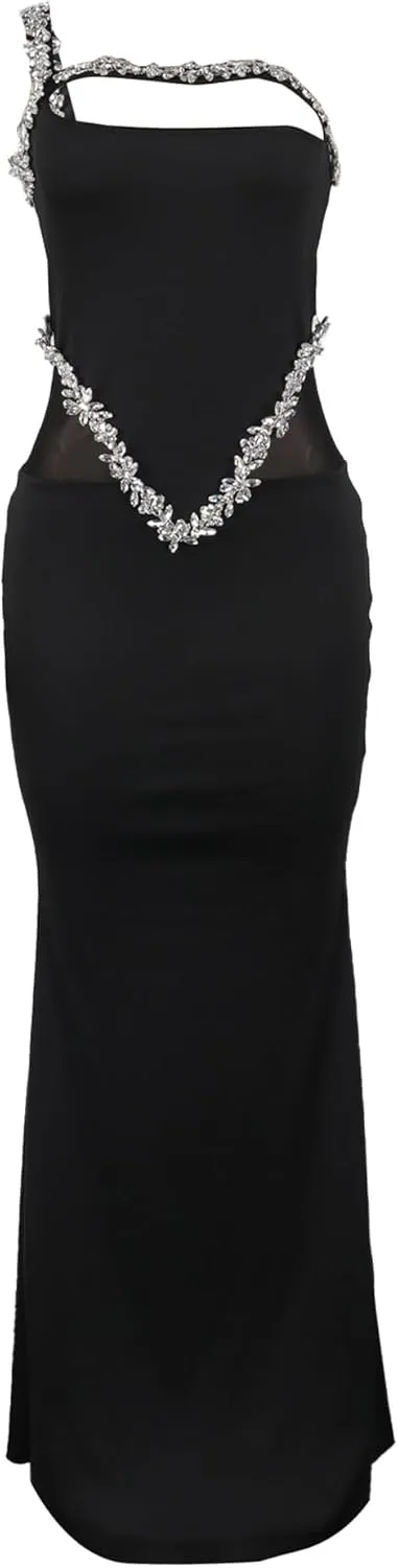 PORRCEY Women's Sexy Elegant Rhinestone Mesh See Through Bodycon Party Club Night Prom Dress