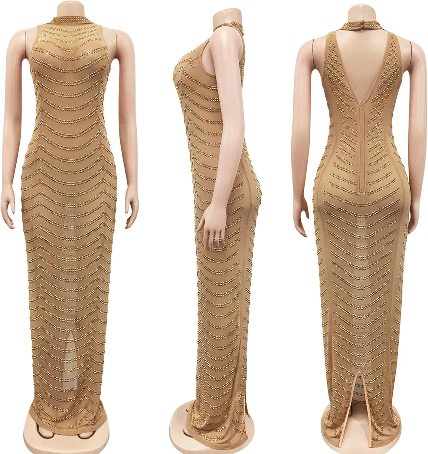 PORRCEY Women's Sexy Elegant Rhinestone Mesh See Through Bodycon Party Club Night Prom Dress