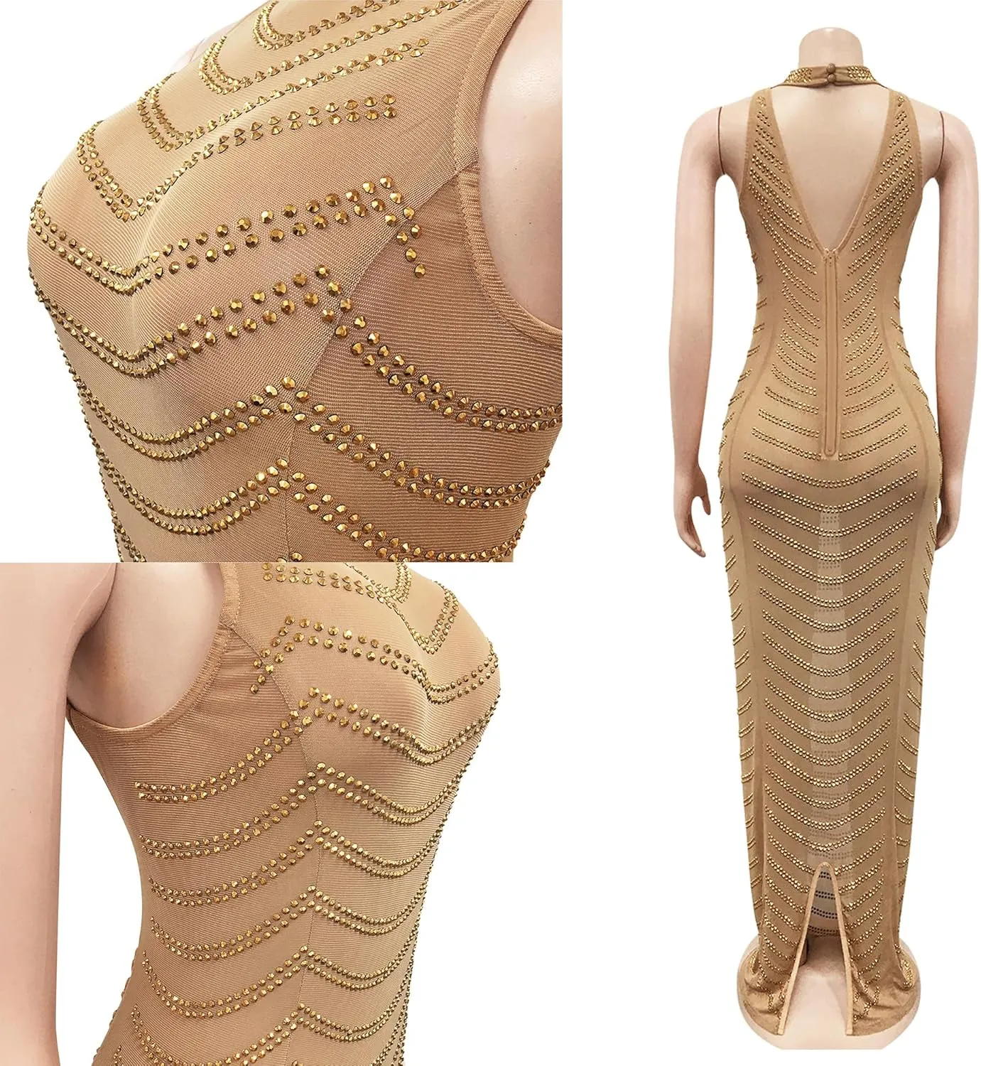 PORRCEY Women's Sexy Elegant Rhinestone Mesh See Through Bodycon Party Club Night Prom Dress