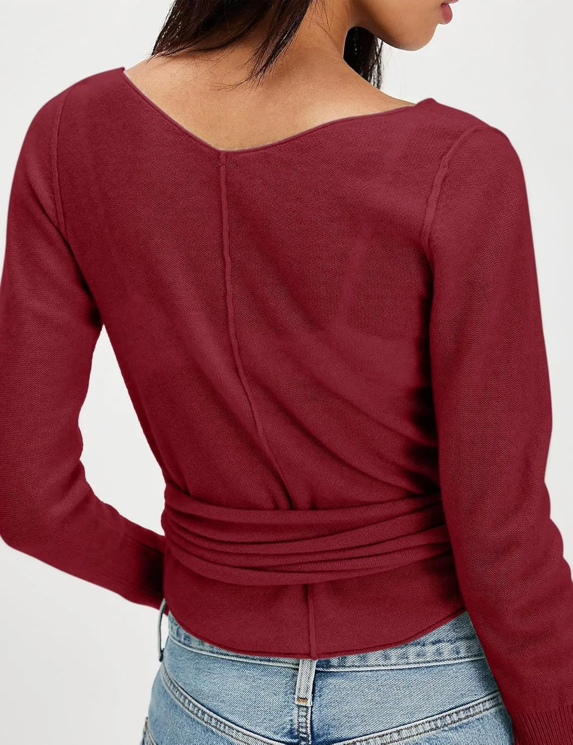 PRETTODAY Women's Wrap Knit Sweater V Neck Tie Front Long Sleeve Casual Pullover Tops