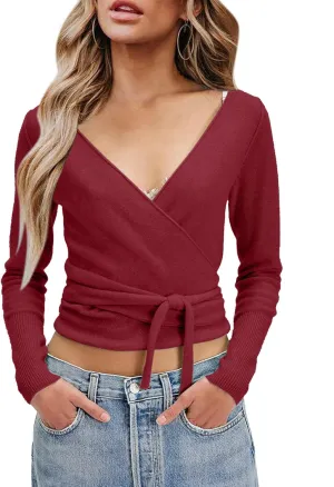 PRETTODAY Women's Wrap Knit Sweater V Neck Tie Front Long Sleeve Casual Pullover Tops