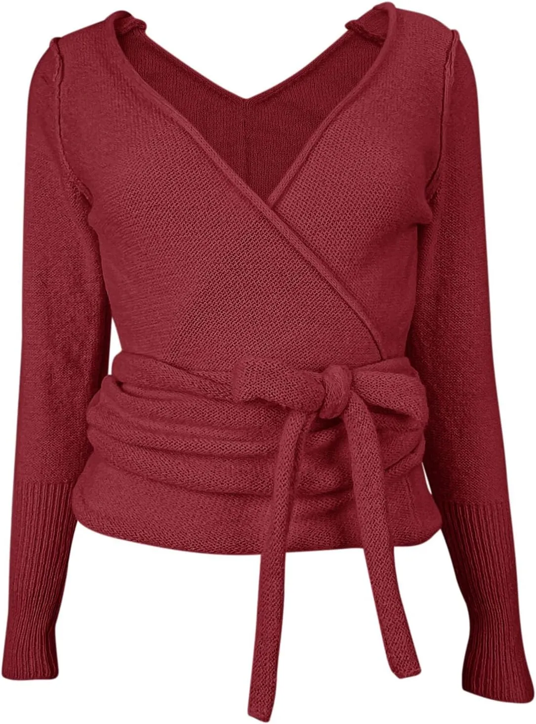 PRETTODAY Women's Wrap Knit Sweater V Neck Tie Front Long Sleeve Casual Pullover Tops