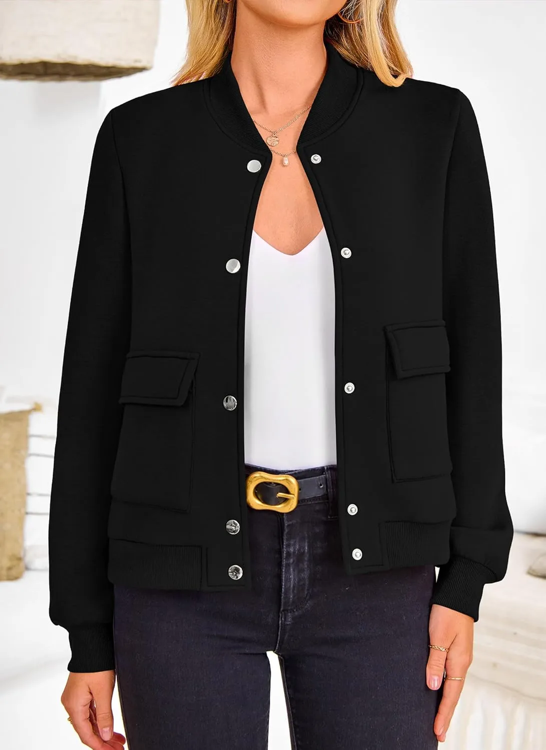 PRETTYGARDEN Women's Bomber Jackets Winter Trendy Varsity Jackets Shackets Button Down Cropped Coats with Pockets