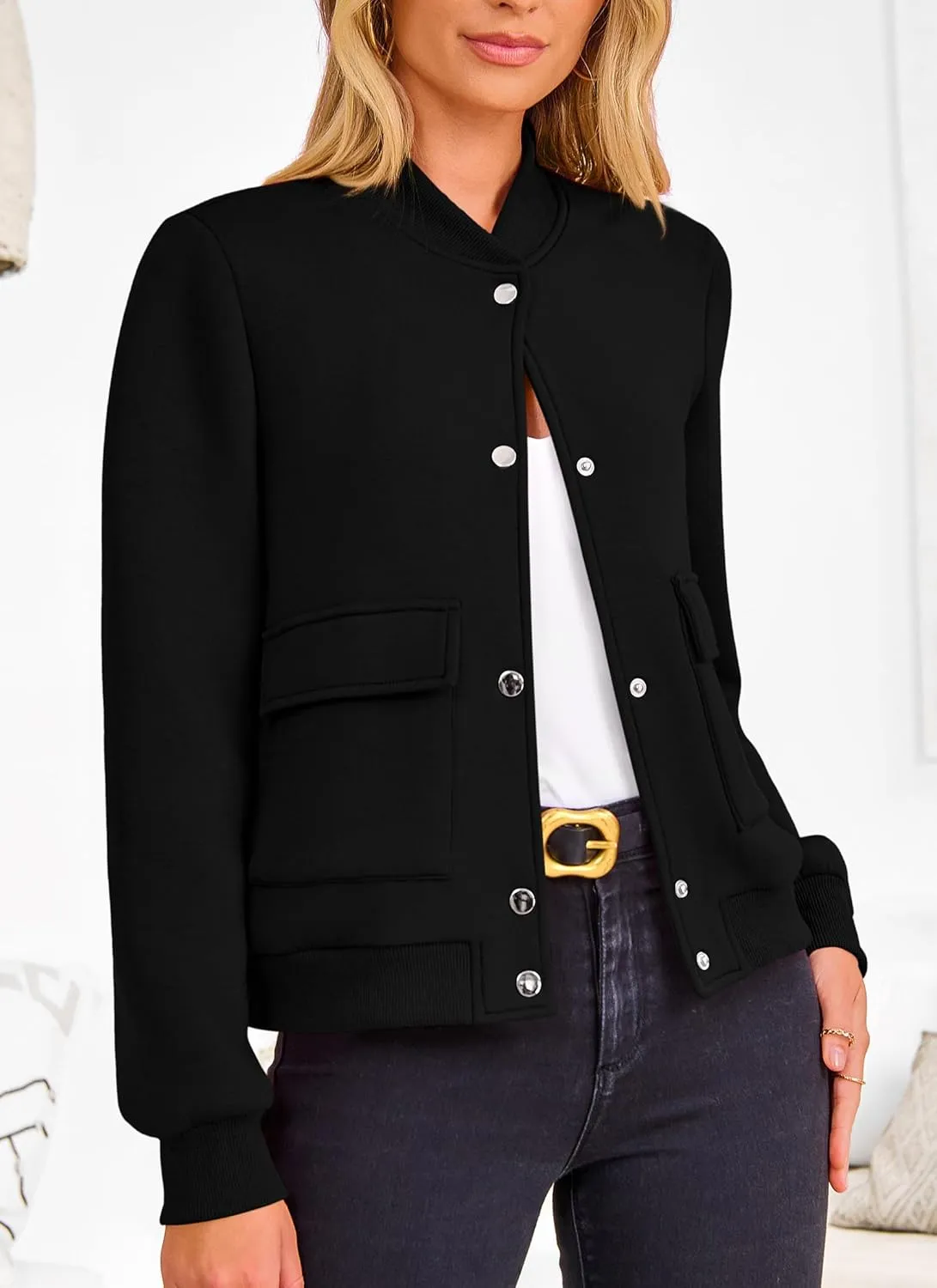 PRETTYGARDEN Women's Bomber Jackets Winter Trendy Varsity Jackets Shackets Button Down Cropped Coats with Pockets