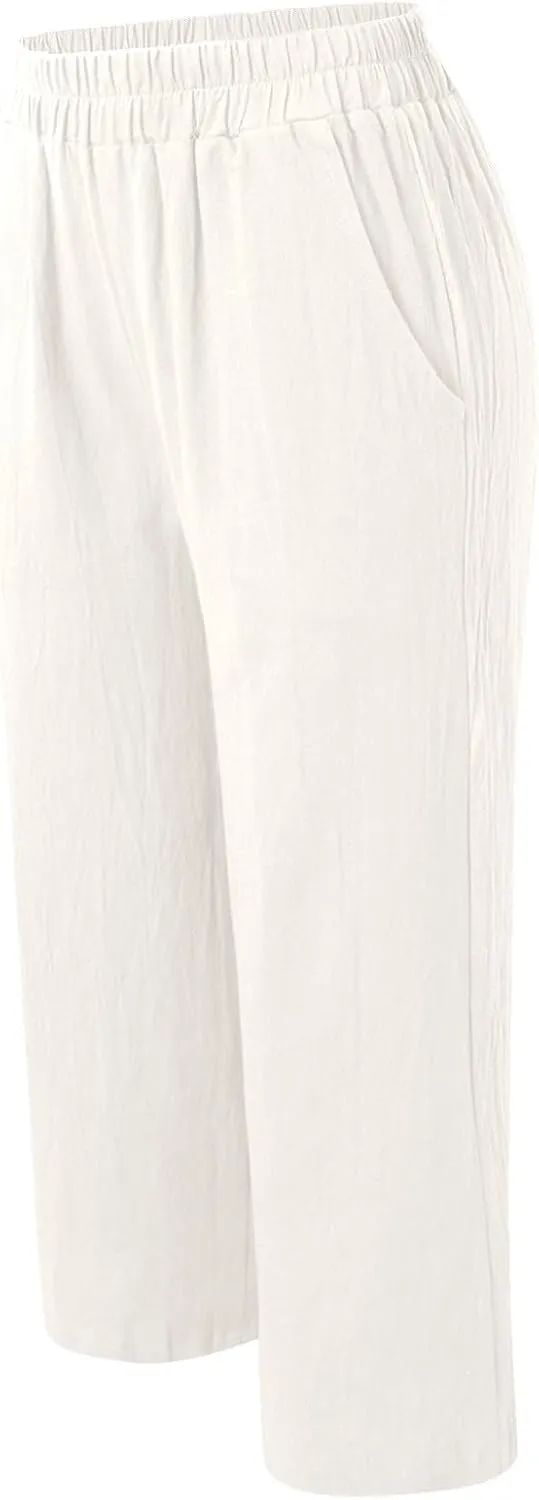 PTOLOCIF Linen Beach Pants Women,Cotton Linen Palazzo Pants Drawstring Elastic Waist Beach Pants Wide Leg Dress Pants