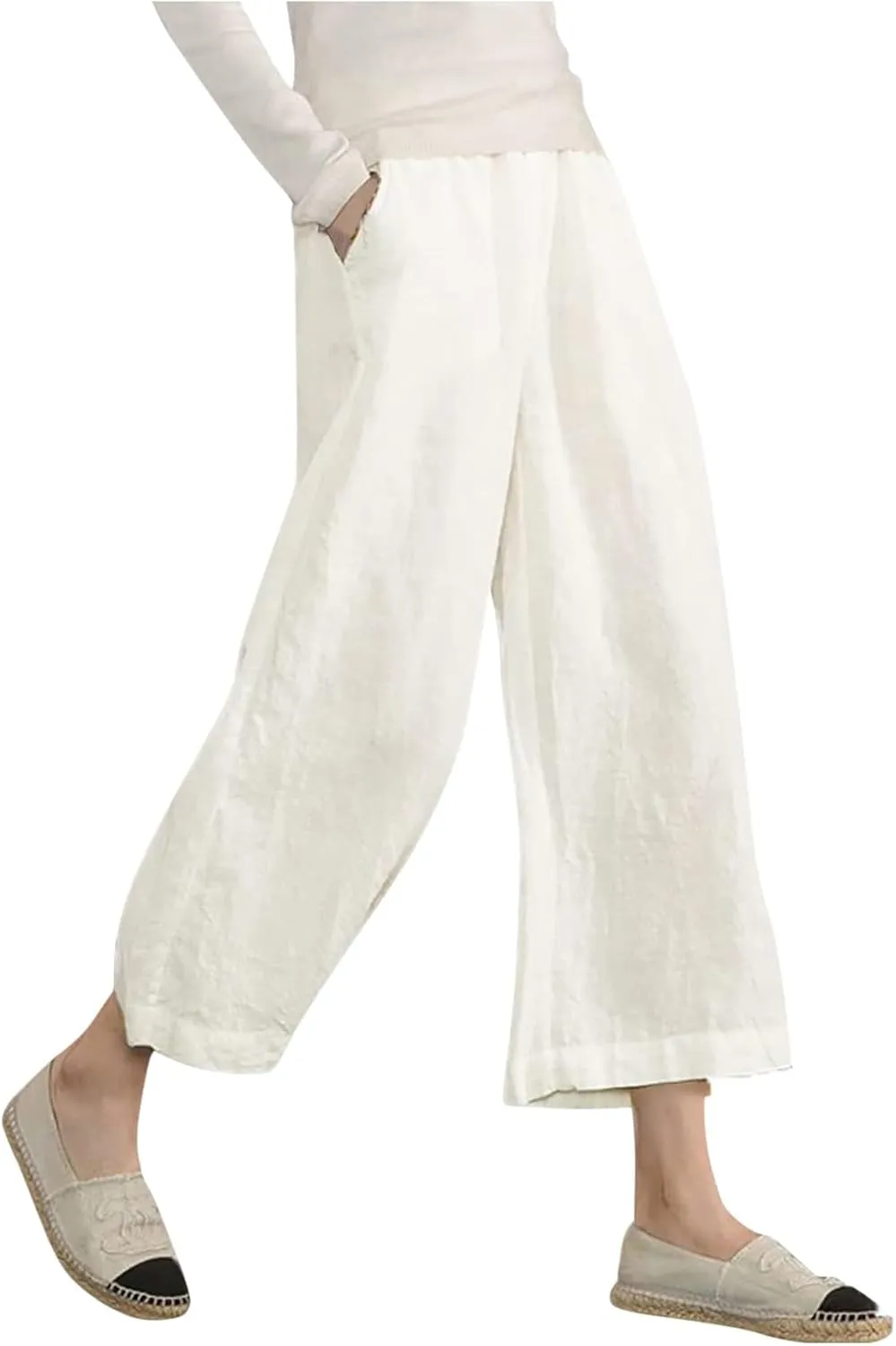 PTOLOCIF Linen Beach Pants Women,Cotton Linen Palazzo Pants Drawstring Elastic Waist Beach Pants Wide Leg Dress Pants