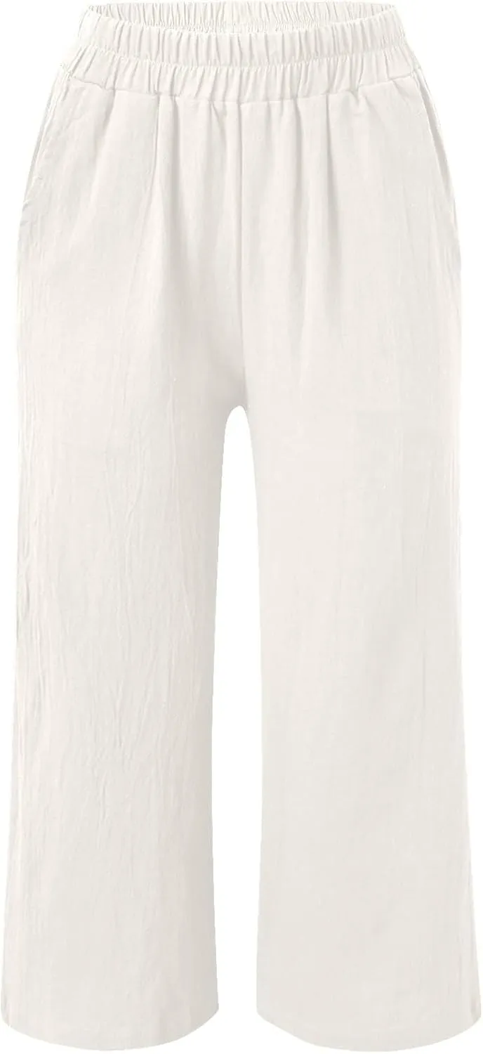 PTOLOCIF Linen Beach Pants Women,Cotton Linen Palazzo Pants Drawstring Elastic Waist Beach Pants Wide Leg Dress Pants