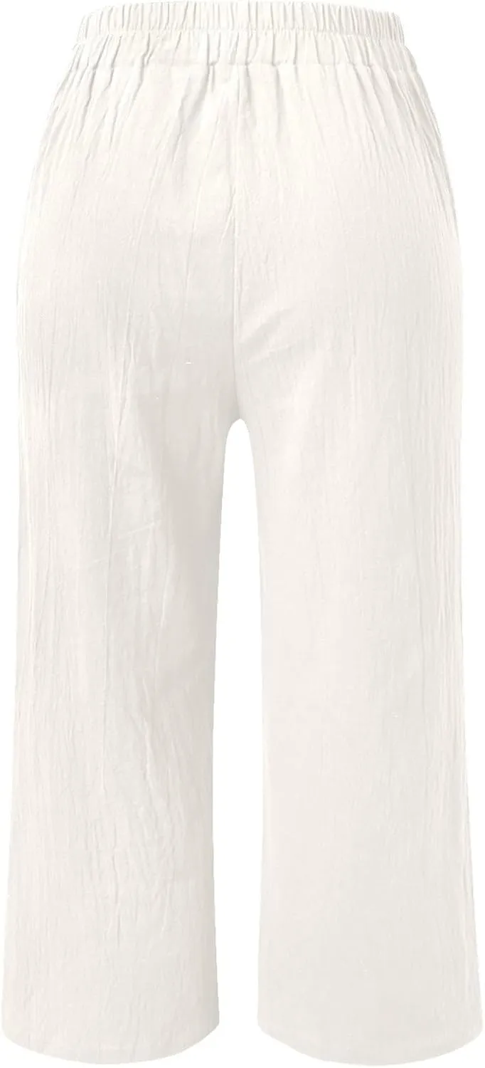 PTOLOCIF Linen Beach Pants Women,Cotton Linen Palazzo Pants Drawstring Elastic Waist Beach Pants Wide Leg Dress Pants