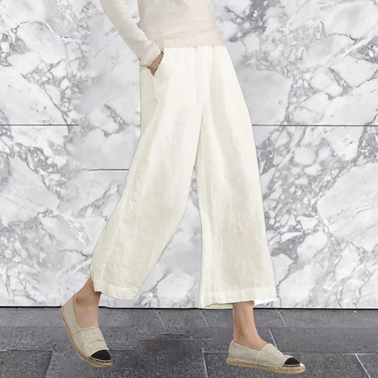 PTOLOCIF Linen Beach Pants Women,Cotton Linen Palazzo Pants Drawstring Elastic Waist Beach Pants Wide Leg Dress Pants
