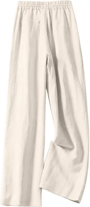PTOLOCIF Palazzo Pants for Women,Dressy Casual Pants Drawstring Waist Wide Leg Pants Comfy Cotton Linen Palazzo Pants