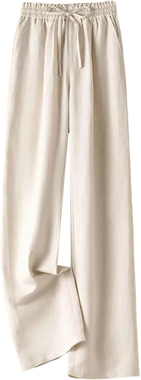PTOLOCIF Palazzo Pants for Women,Dressy Casual Pants Drawstring Waist Wide Leg Pants Comfy Cotton Linen Palazzo Pants