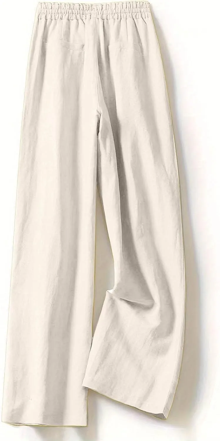 PTOLOCIF Palazzo Pants for Women,Dressy Casual Pants Drawstring Waist Wide Leg Pants Comfy Cotton Linen Palazzo Pants