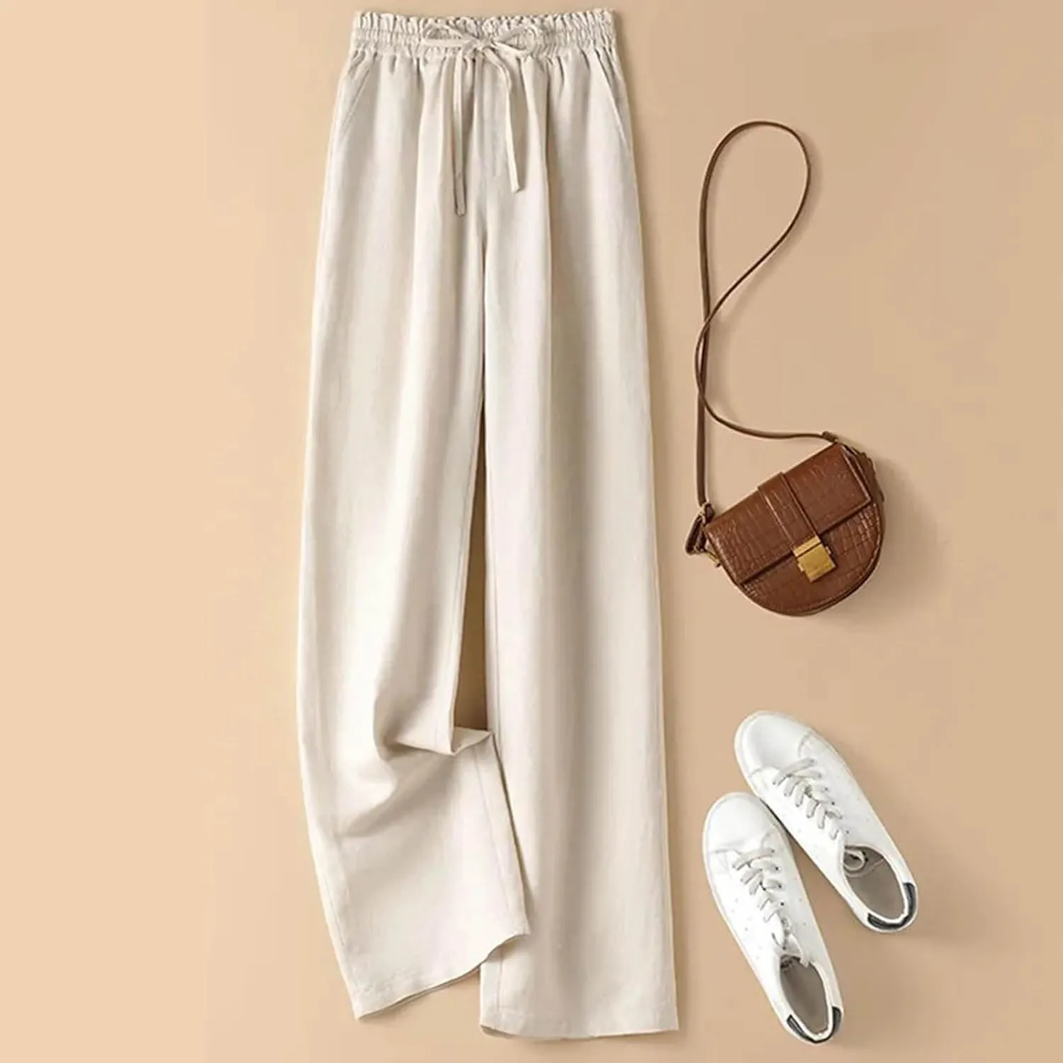 PTOLOCIF Palazzo Pants for Women,Dressy Casual Pants Drawstring Waist Wide Leg Pants Comfy Cotton Linen Palazzo Pants