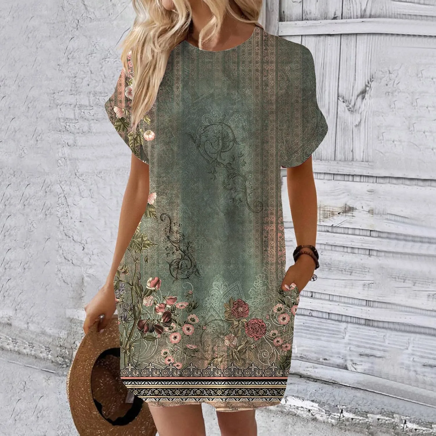 PTOLOCIF Summer Dresses for Women 2024 Casual Short Sleeve T Shirt Dress Crewneck Loose Solid Color Basic Dresses with Pocket