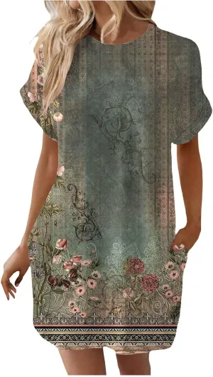 PTOLOCIF Summer Dresses for Women 2024 Casual Short Sleeve T Shirt Dress Crewneck Loose Solid Color Basic Dresses with Pocket