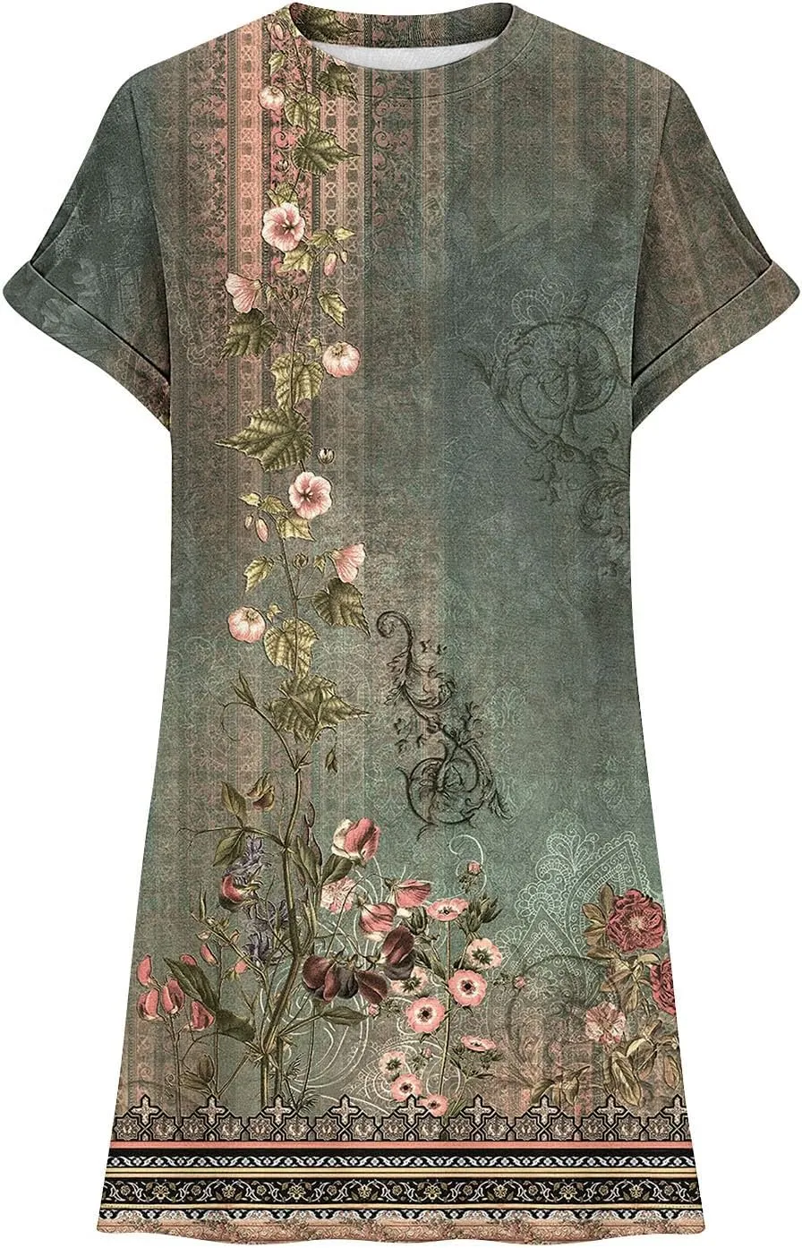 PTOLOCIF Summer Dresses for Women 2024 Casual Short Sleeve T Shirt Dress Crewneck Loose Solid Color Basic Dresses with Pocket