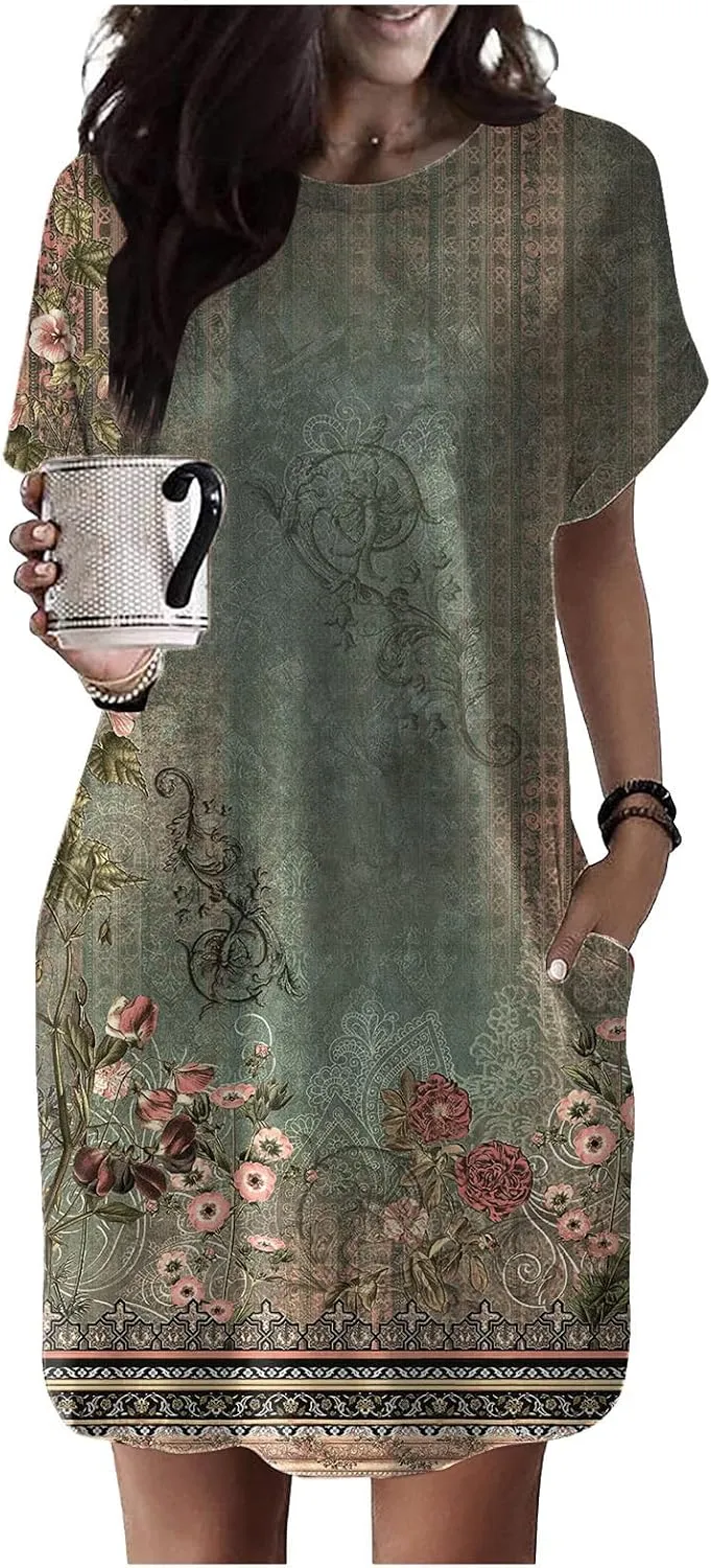 PTOLOCIF Summer Dresses for Women 2024 Casual Short Sleeve T Shirt Dress Crewneck Loose Solid Color Basic Dresses with Pocket