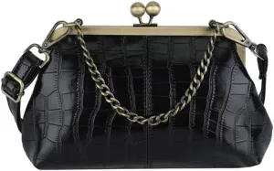 PU Leather Croc Embossed Handbag for Women, Multiple Colors Stylish Kiss Lock Chain Shoulder Bag, Vintage Clip Clutch Purse