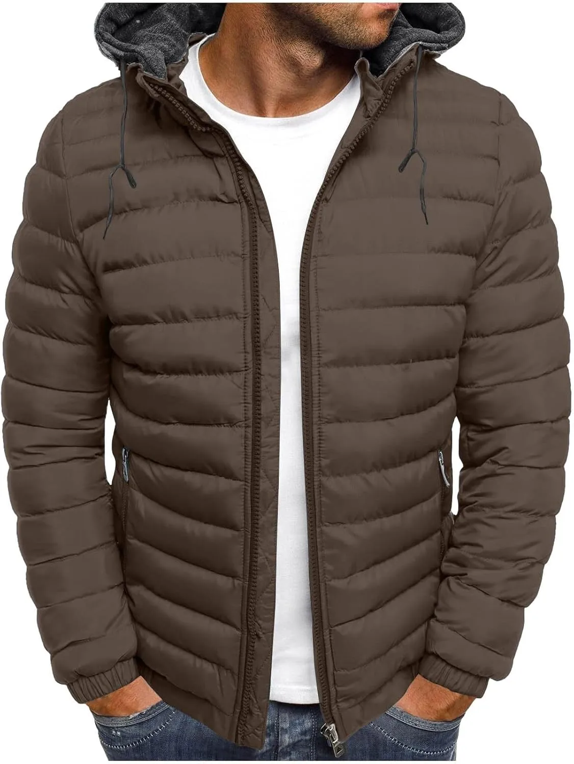 Puffer Jacket Men with Detachable Hood Packable Lightweight Down Jacket Zip up Quilted Jacket Warm Winter Jacket