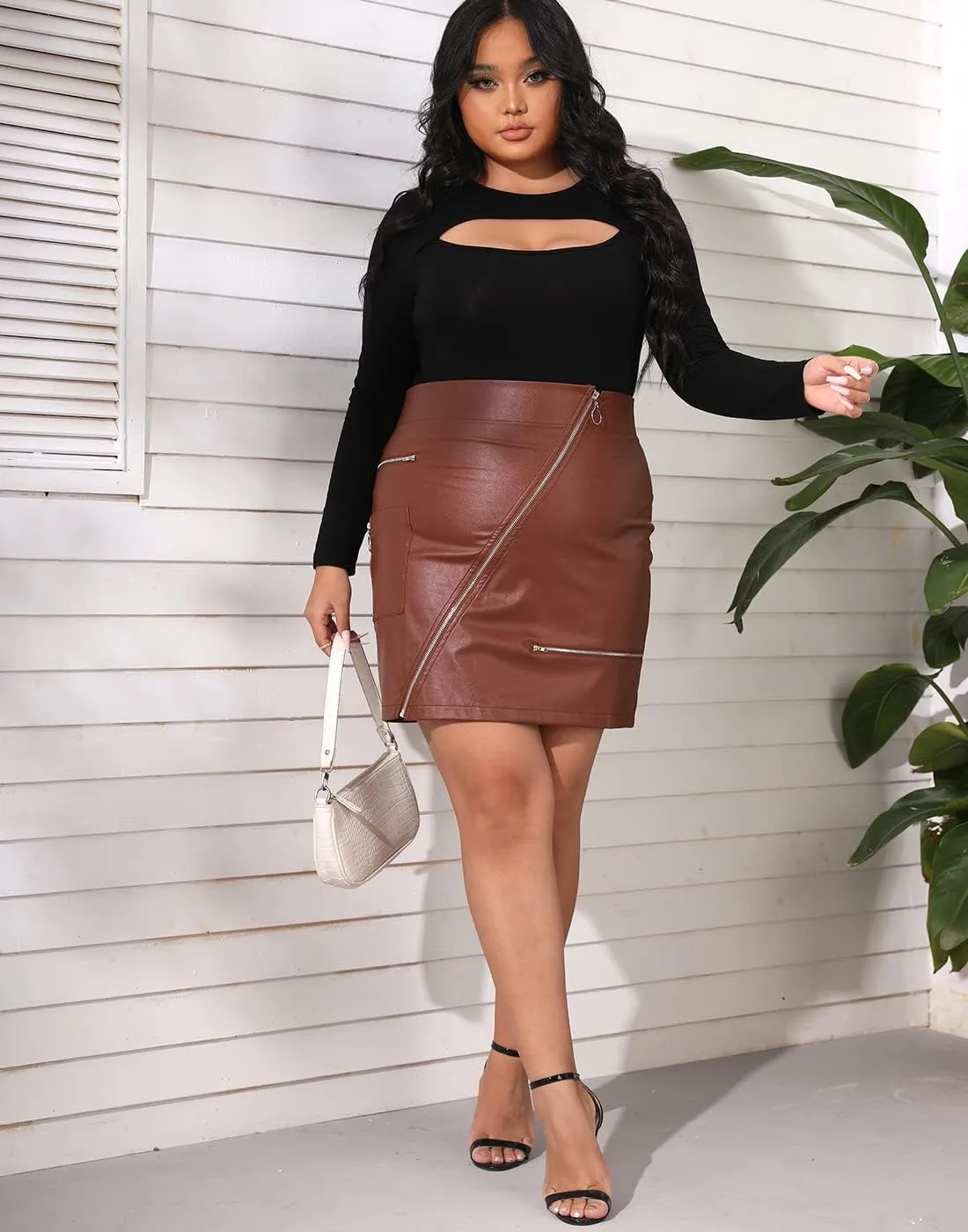 PYL Womens Plus Size Zipper PU Faux Leather Skirt Short High Waist Mini Bodycon