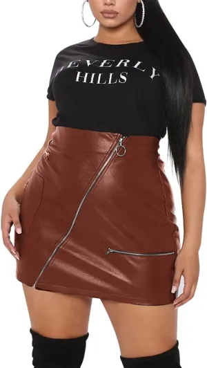 PYL Womens Plus Size Zipper PU Faux Leather Skirt Short High Waist Mini Bodycon