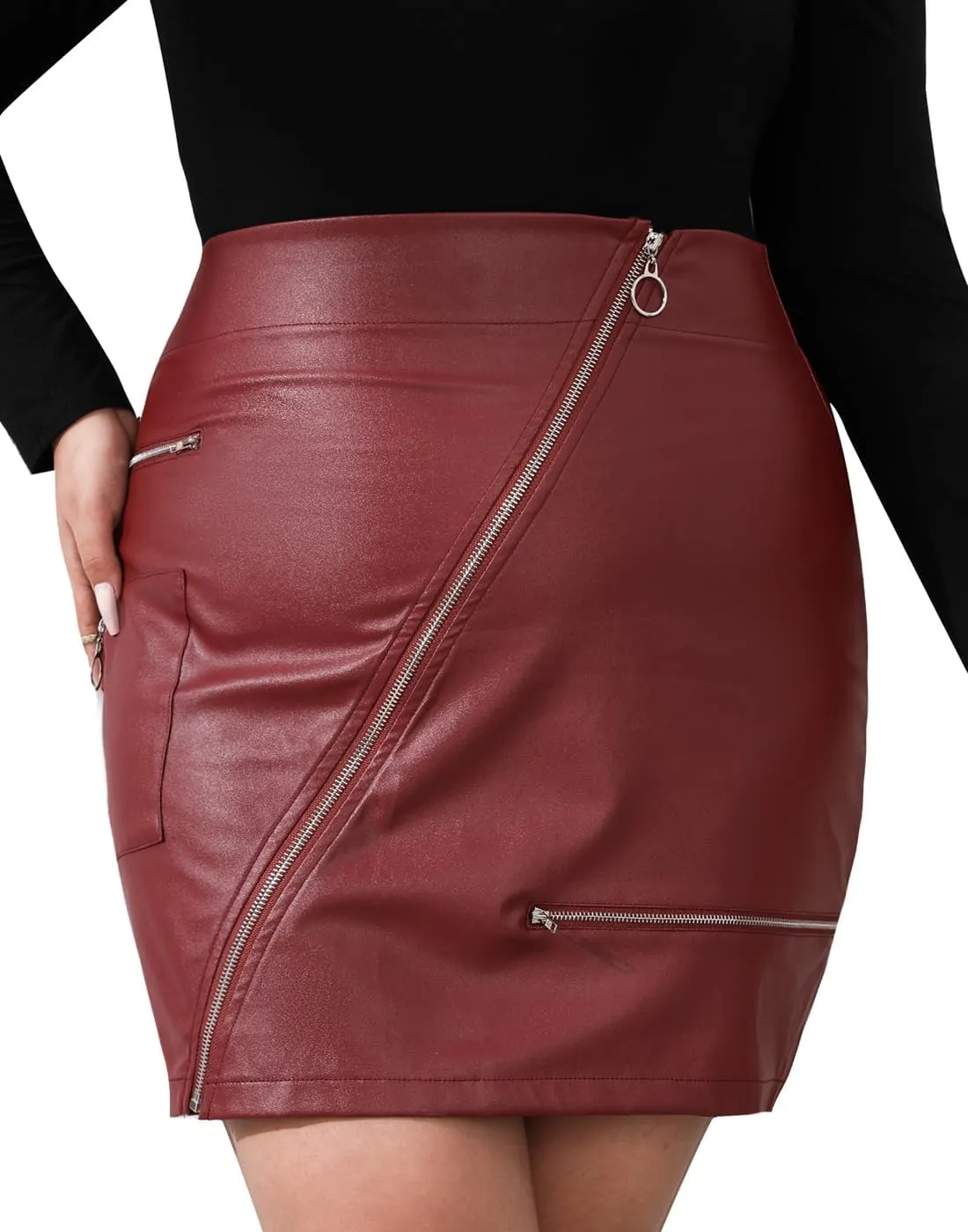 PYL Womens Plus Size Zipper PU Faux Leather Skirt Short High Waist Mini Bodycon