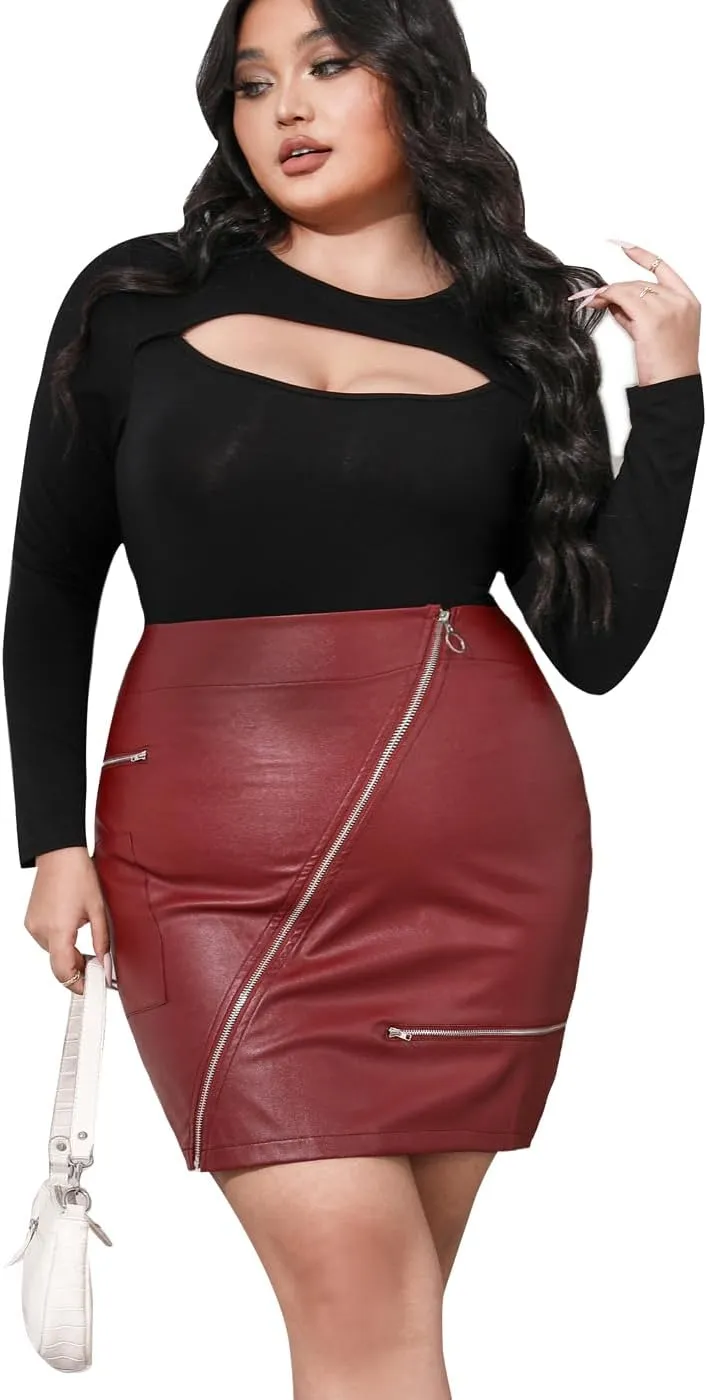 PYL Womens Plus Size Zipper PU Faux Leather Skirt Short High Waist Mini Bodycon