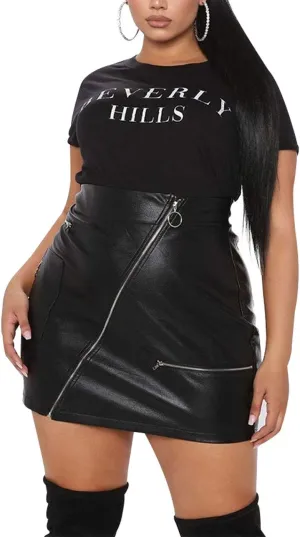 PYL Womens Plus Size Zipper PU Faux Leather Skirt Short High Waist Mini Bodycon