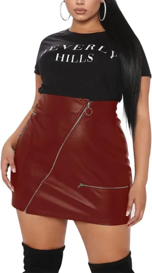 PYL Womens Plus Size Zipper PU Faux Leather Skirt Short High Waist Mini Bodycon