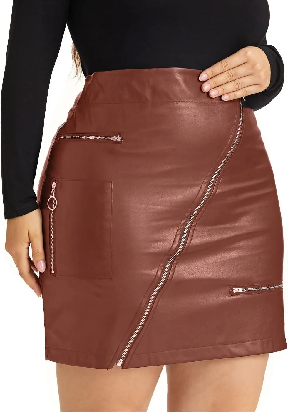 PYL Womens Plus Size Zipper PU Faux Leather Skirt Short High Waist Mini Bodycon