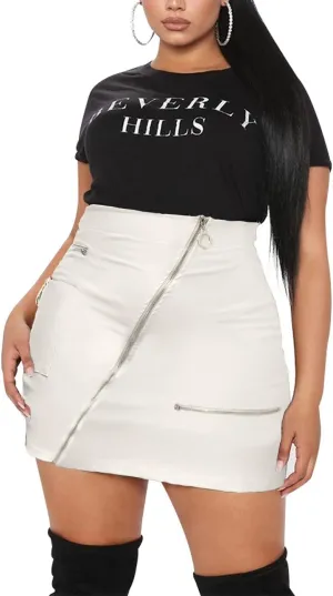 PYL Womens Plus Size Zipper PU Faux Leather Skirt Short High Waist Mini Bodycon
