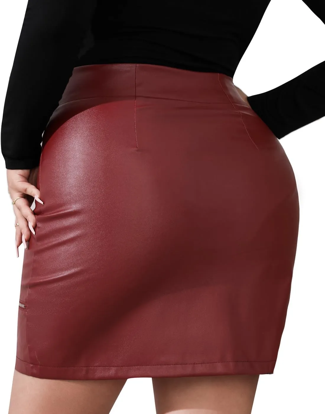 PYL Womens Plus Size Zipper PU Faux Leather Skirt Short High Waist Mini Bodycon